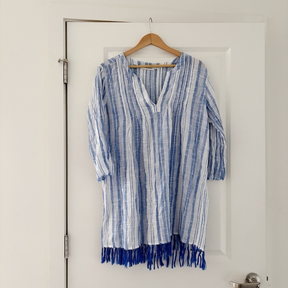 Roller Rabbit Striped Cotton Tunic Cover Up Fringe Mini Dress Coastal